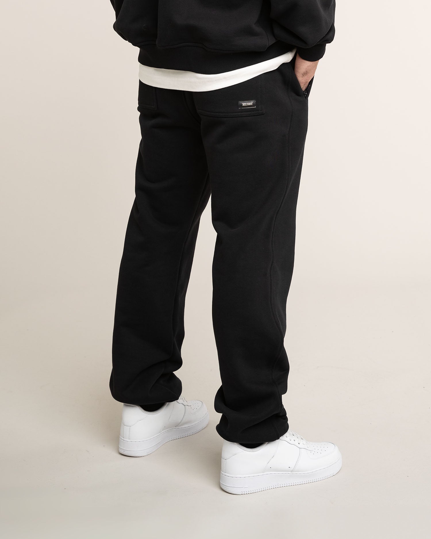 Baggy Jogginghose Herren Schwarz, 100% Baumwolle, breite Passform, Seitenansicht