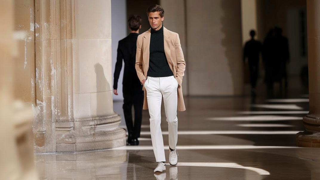 Quiet Luxury Style: Was steckt hinter dem Modetrend?Ein Model präsentiert den Modetrend mit einem eleganten beigen Blazer und passenden weißen Hosen. 