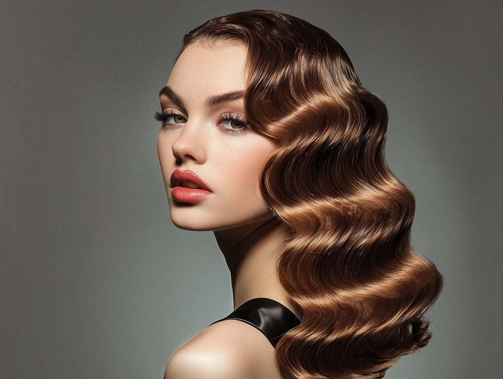 Model mit 1920er Wasserwellen-Frisur und voluminösem Ansatz, kombiniert mit langen, glänzenden Wellen im modernen High-Fashion-Stil.