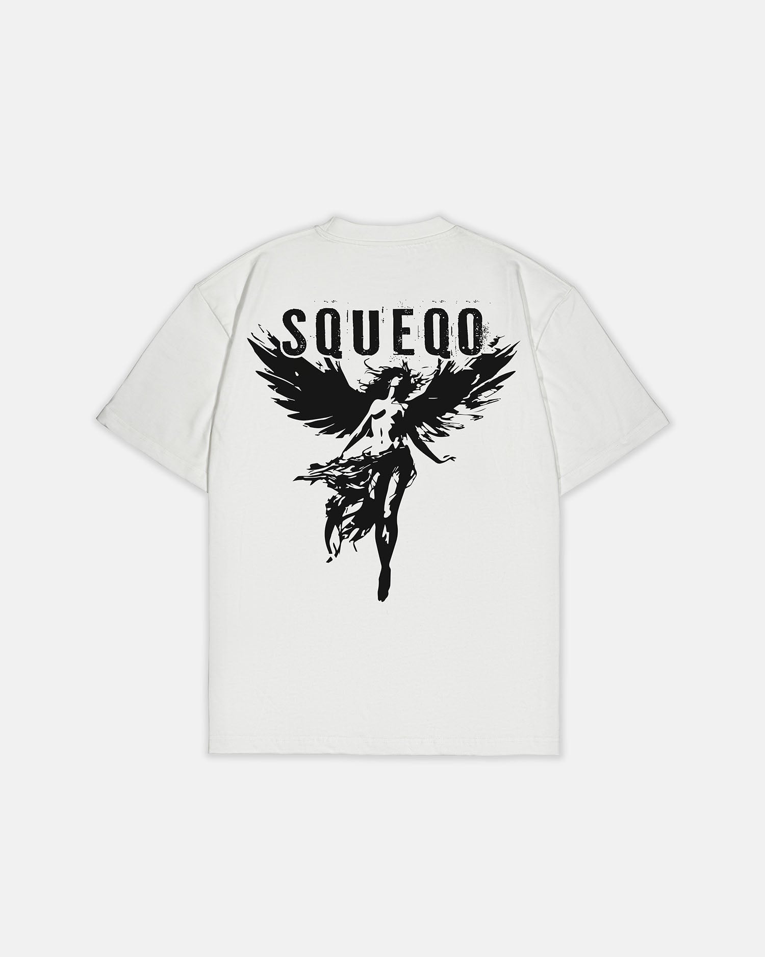 Angel Wings T-Shirt in Weiß mit schwarzem SQUEQO Backprint, Urban Streetwear-Stil, Rückansicht, Hauptbild