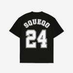 Schwarzes Baseball-T-Shirt mit großem weißem Squeqo-Logo und '24' Print auf der Rückseite, Rückansicht, Hauptbild