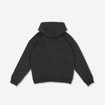 Rückansicht eines unbedruckten schwarzen Damen Hoodies von Squeqo mit Kapuze.