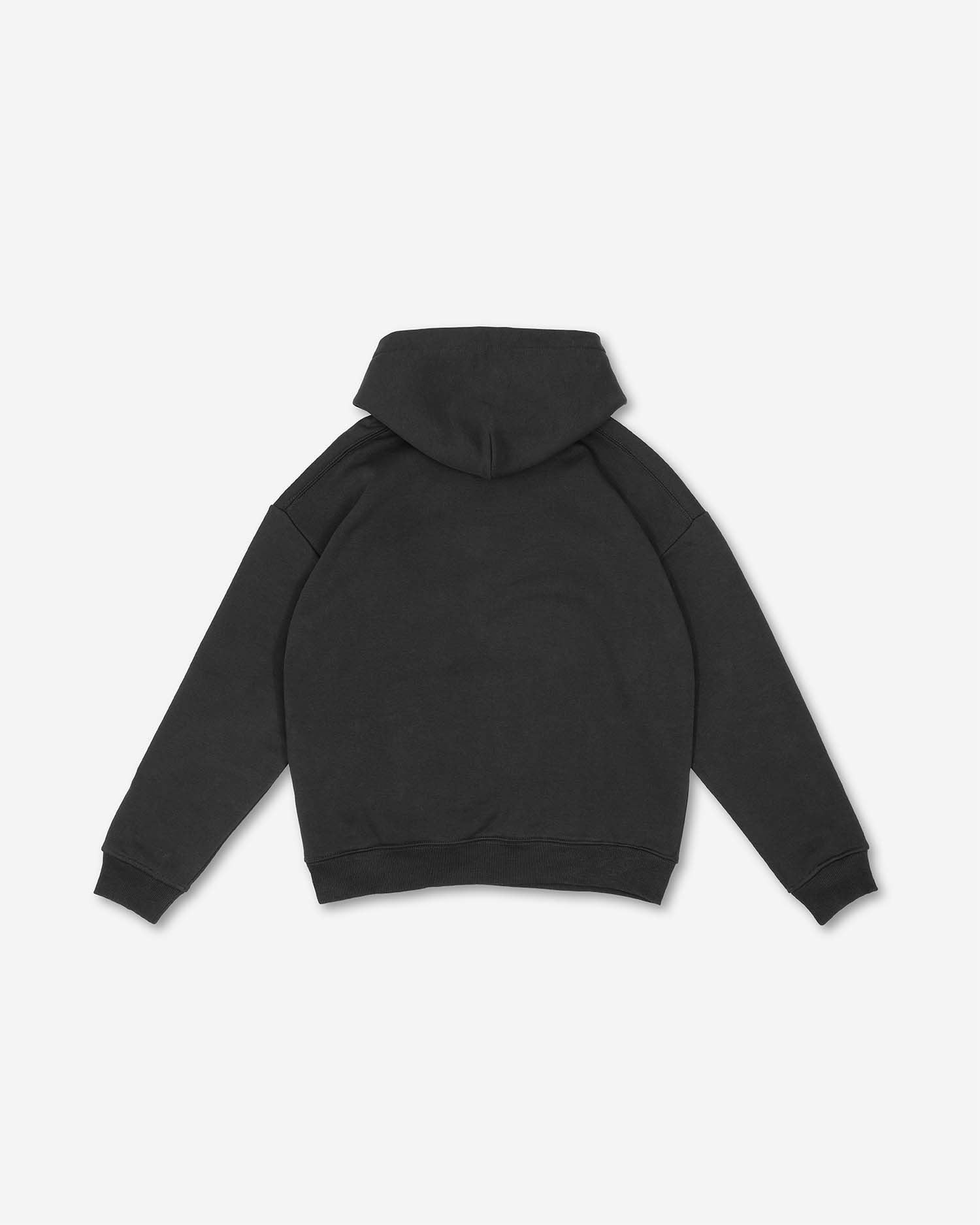 Rückansicht eines unbedruckten schwarzen Damen Hoodies von Squeqo mit Kapuze.