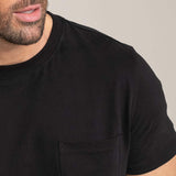 Einfarbiges Schwarzes Herren Baumwoll Basic Essential T Shirt  gute Qualität mit Brust-Tasche