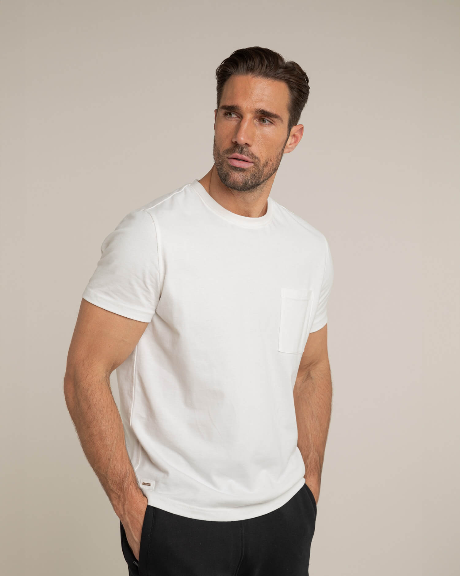 Herren Baumwoll Basic T Shirt mit Tasche Weiß Off White