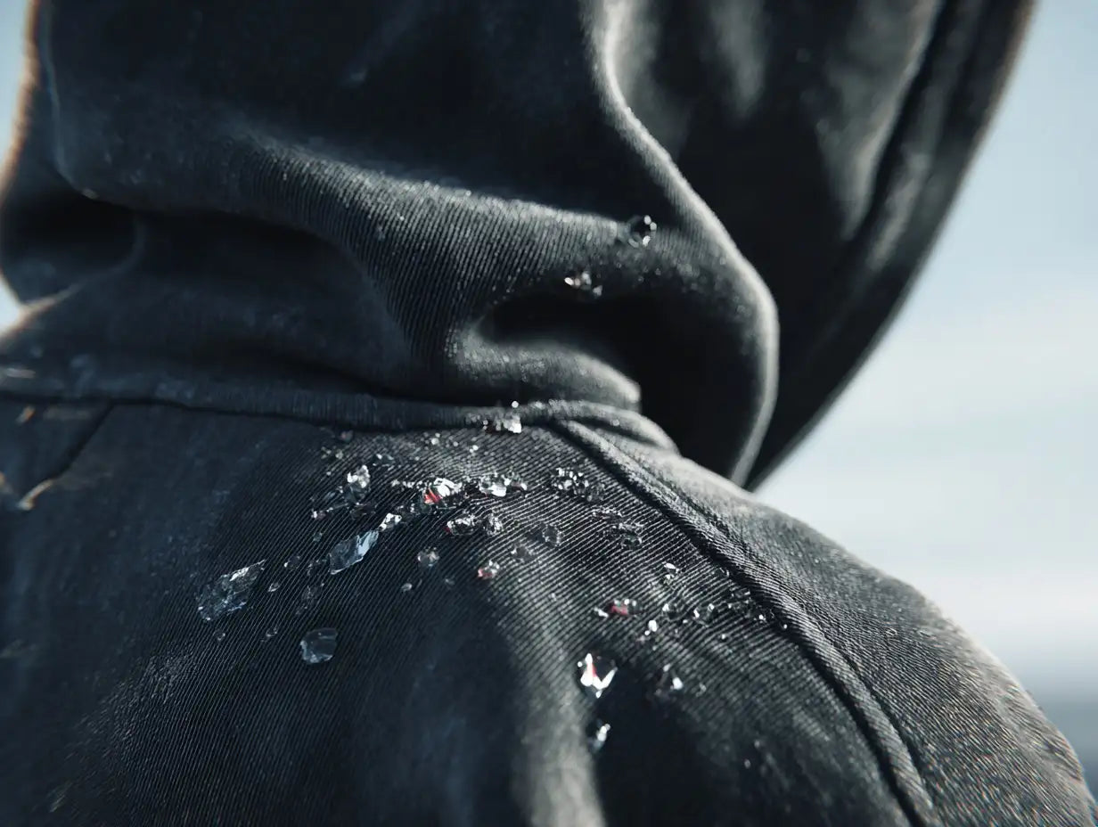 Detailaufnahme eines schwarzen Streetwear-Hoodies mit Wassertropfen auf robuster Oberfläche, urbaner Look.