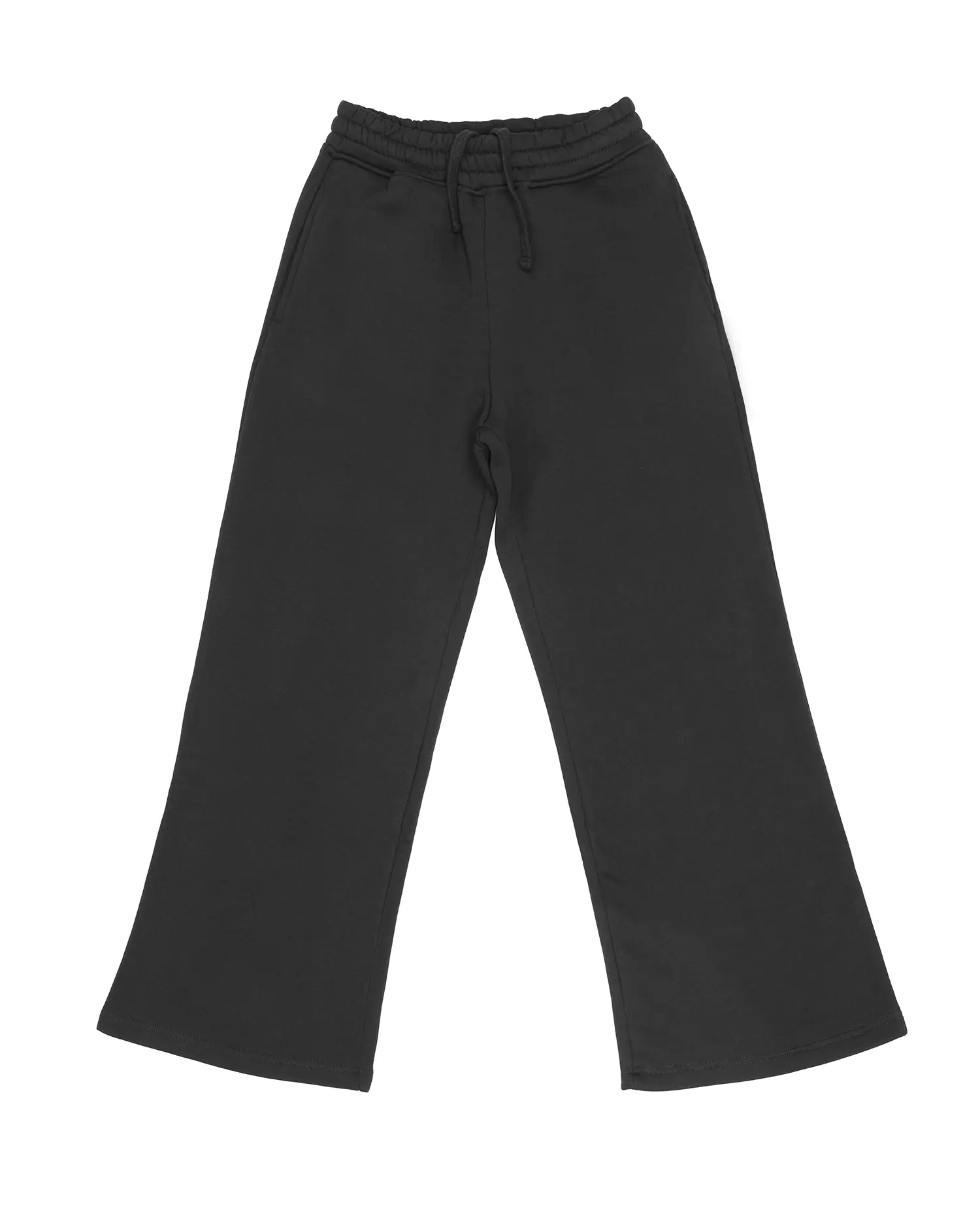 Freigestellte Ansicht der schwarzen Damen-Sweathose: Mid-Rise Schnitt, weites Bein, blickdichtes Premium-Fleece.