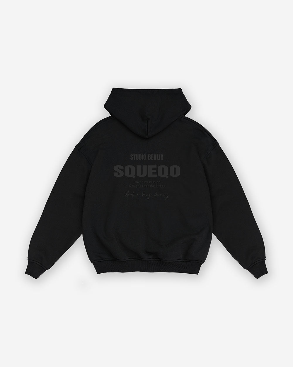 Schwarzer Oversize Zip Hoodie mit Print Ton-in-Ton "Studio Berlin SQUEQO", Rückansicht