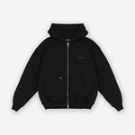 Schwarzer Oversize Zip Hoodie mit Print Ton-in-Ton "Studio Berlin SQUEQO", Vorderansicht.