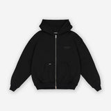 Schwarzer Oversize Zip Hoodie mit Print Ton-in-Ton "Studio Berlin SQUEQO", Vorderansicht.