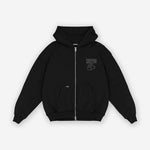 Vorderansicht: schwarzer Zip-Hoodie mit grauem Snake-Print.