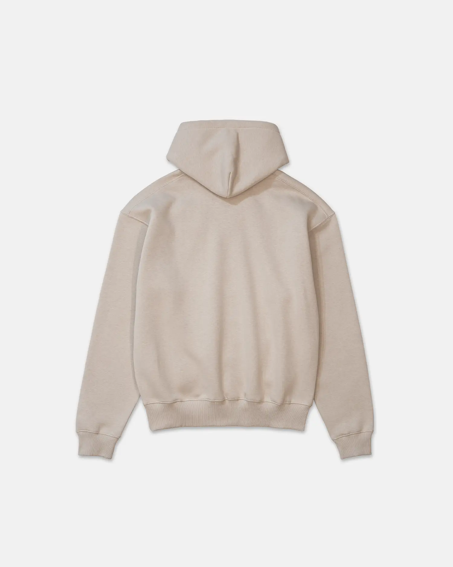 Minimalistischer Blank Hoodie in der Farbe Sand von SQUEQO, von hinten fotografiert.