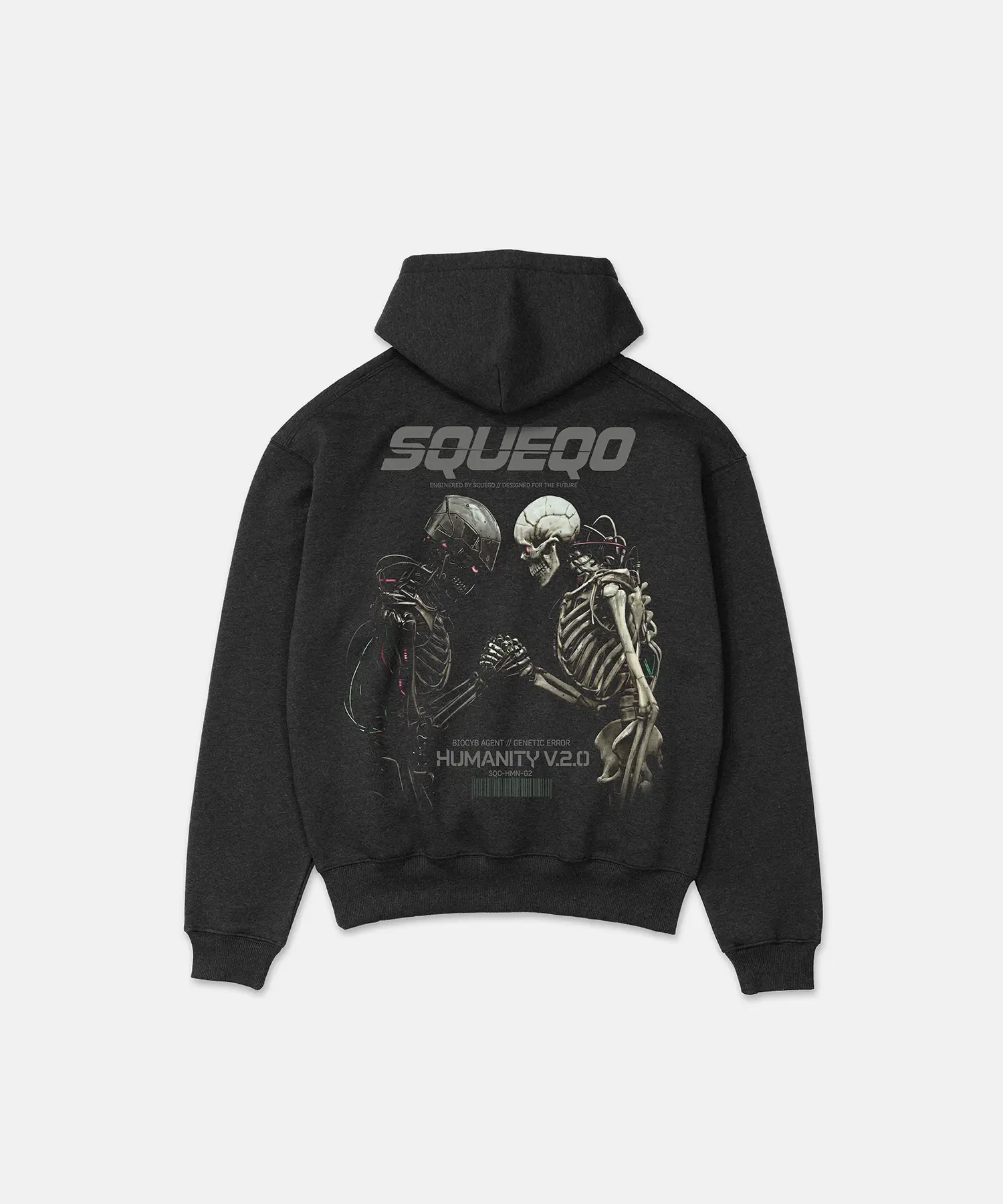 SQUEQO Genetic Error Heavy Hoodie in Charcoal Heather. Rückansicht mit großem Cyborg-Skelett Print und SQUEQO Logo.