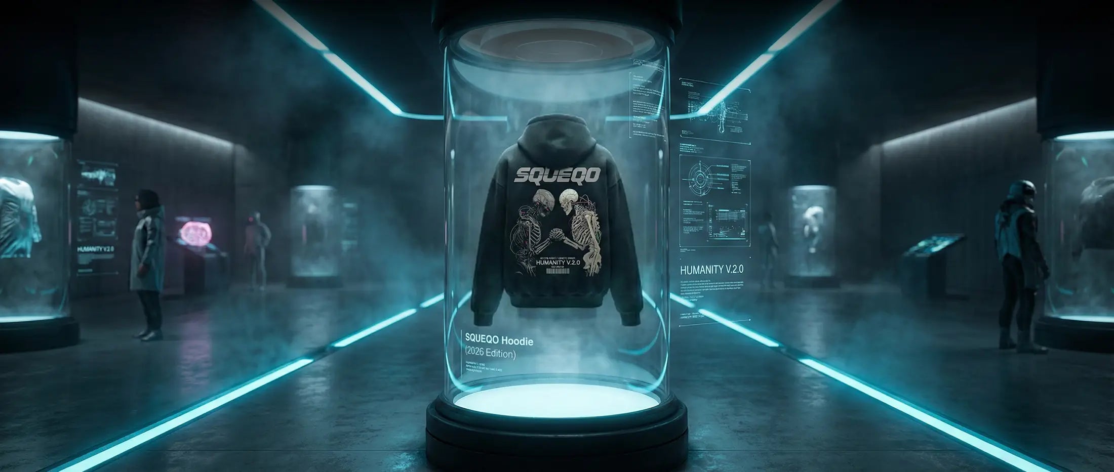 Schwarzer SQUEQO Hoodie 'Humanity V2.0' in futuristischer Glas-Vitrine. Heavyweight Streetwear-Rüstung aus dickem Stoff, gebaut für die Kälte des Winters 2025.
