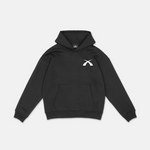 SQUEQO Oversized Icon Hoodie in Schwarz (Fit 02) mit weißem Logo-Print, Frontansicht.
