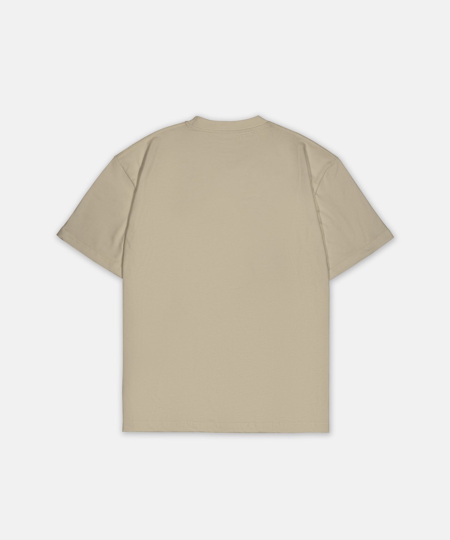 T-Shirt Beige mit kleinem schwarzem Logo, Rückansicht. Design A010.