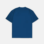 T-Shirt Blau mit kleinem weißem Logo, Rückansicht. Design A006.