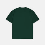 T-Shirt Dunkelgrün mit kleinem weißem Logo, Rückansicht. Design A014.