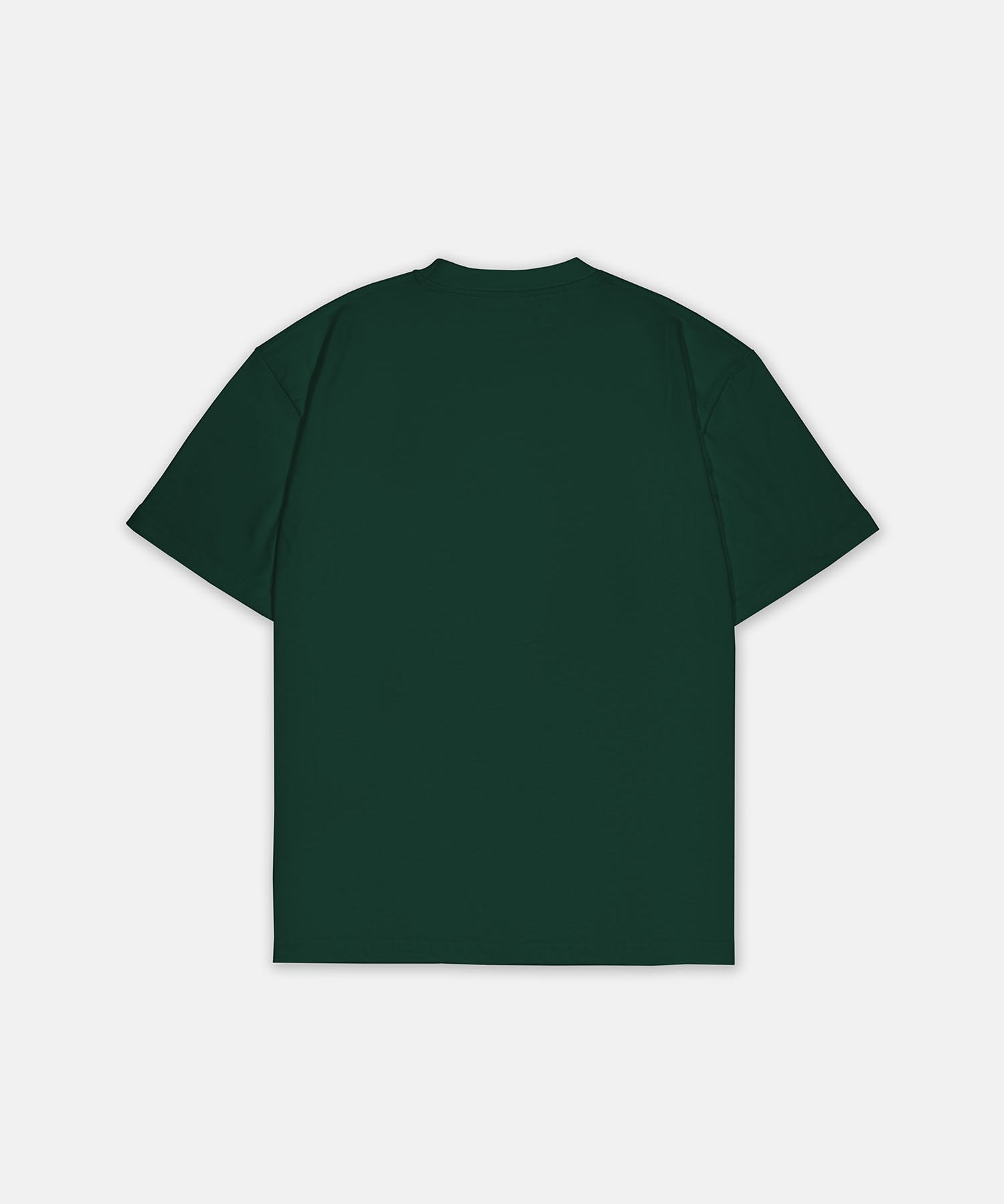 T-Shirt Dunkelgrün mit kleinem weißem Logo, Rückansicht. Design A014.