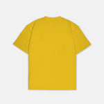 T-Shirt Gelb mit kleinem schwarzem Logo, Rückansicht. Design A009.