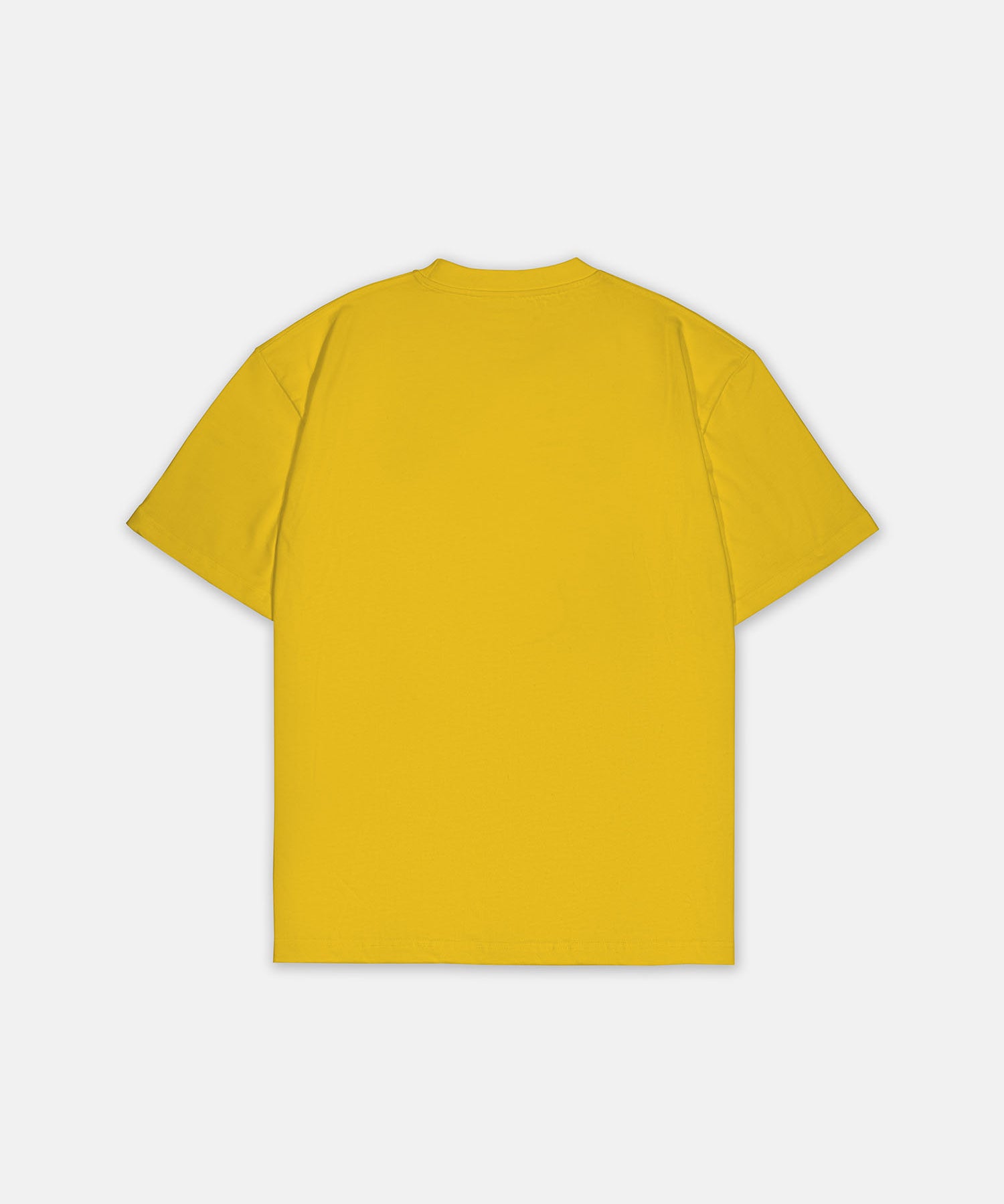 T-Shirt Gelb mit kleinem schwarzem Logo, Rückansicht. Design A009.