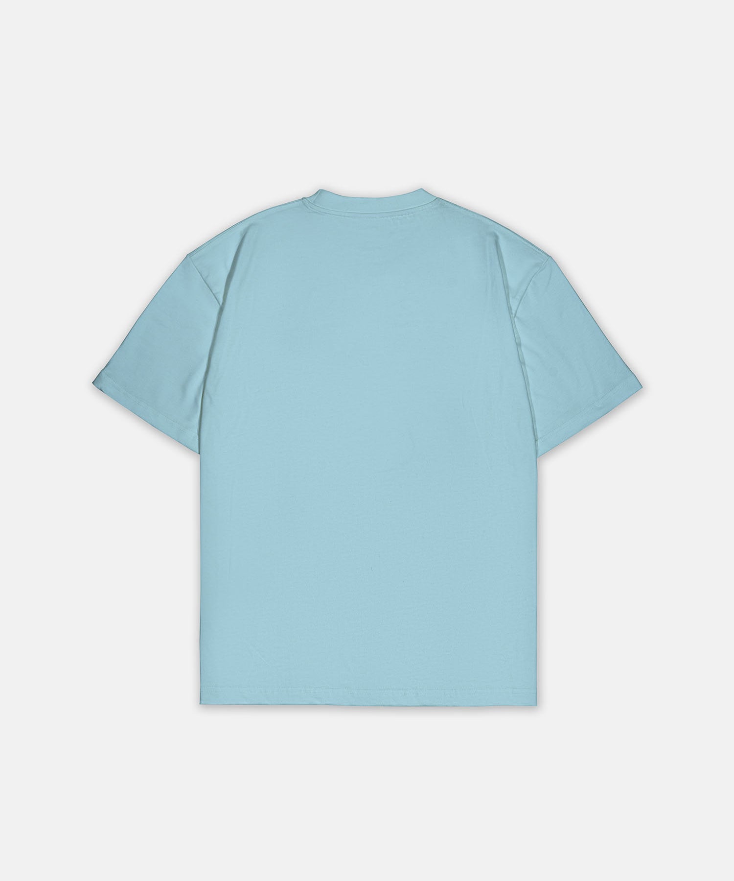 T-Shirt Hellblau mit kleinem weißem Logo, Rückansicht. Design A005.
