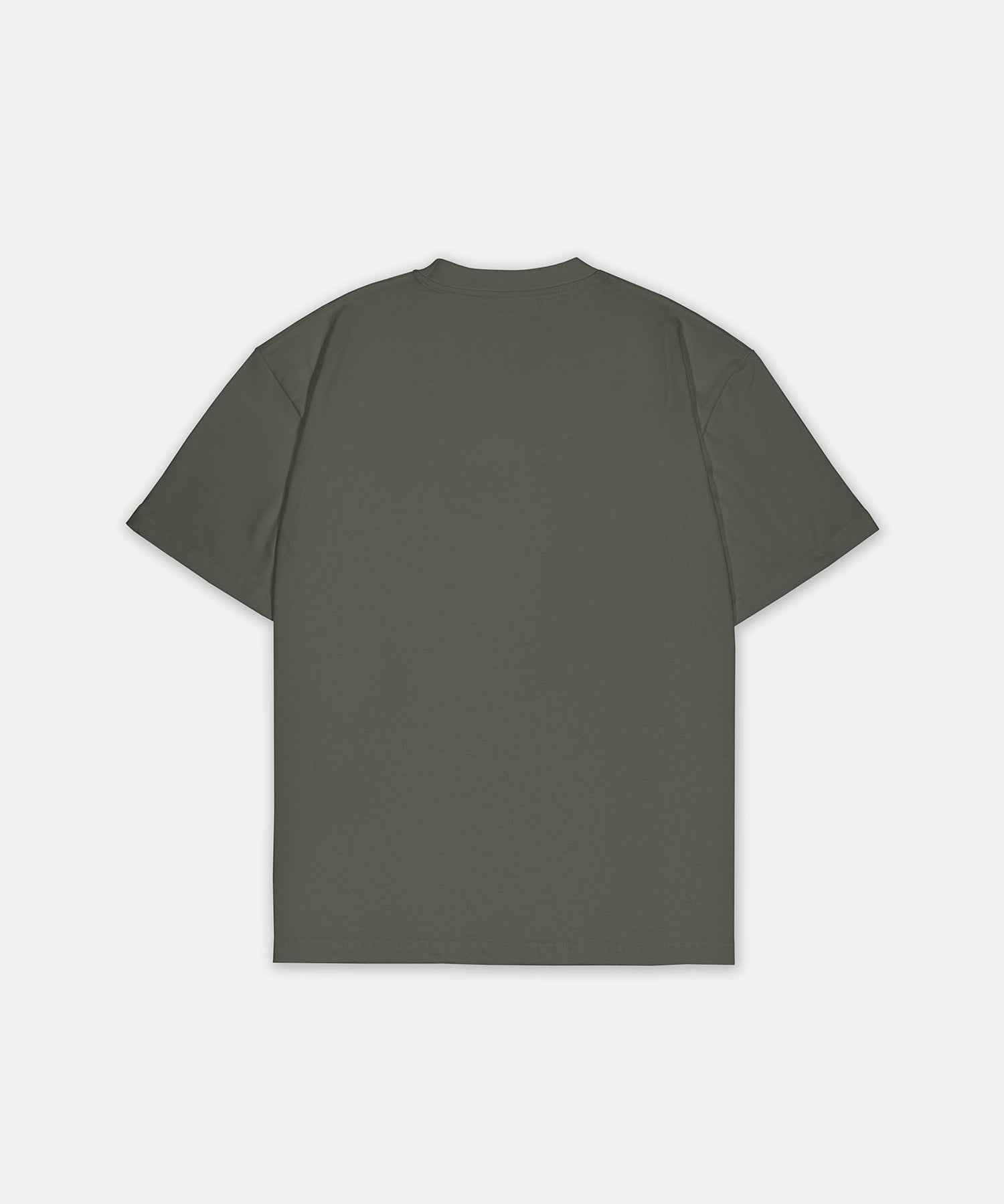 T-Shirt Olivgrün mit kleinem weißem Logo, Rückansicht. Design A016.
