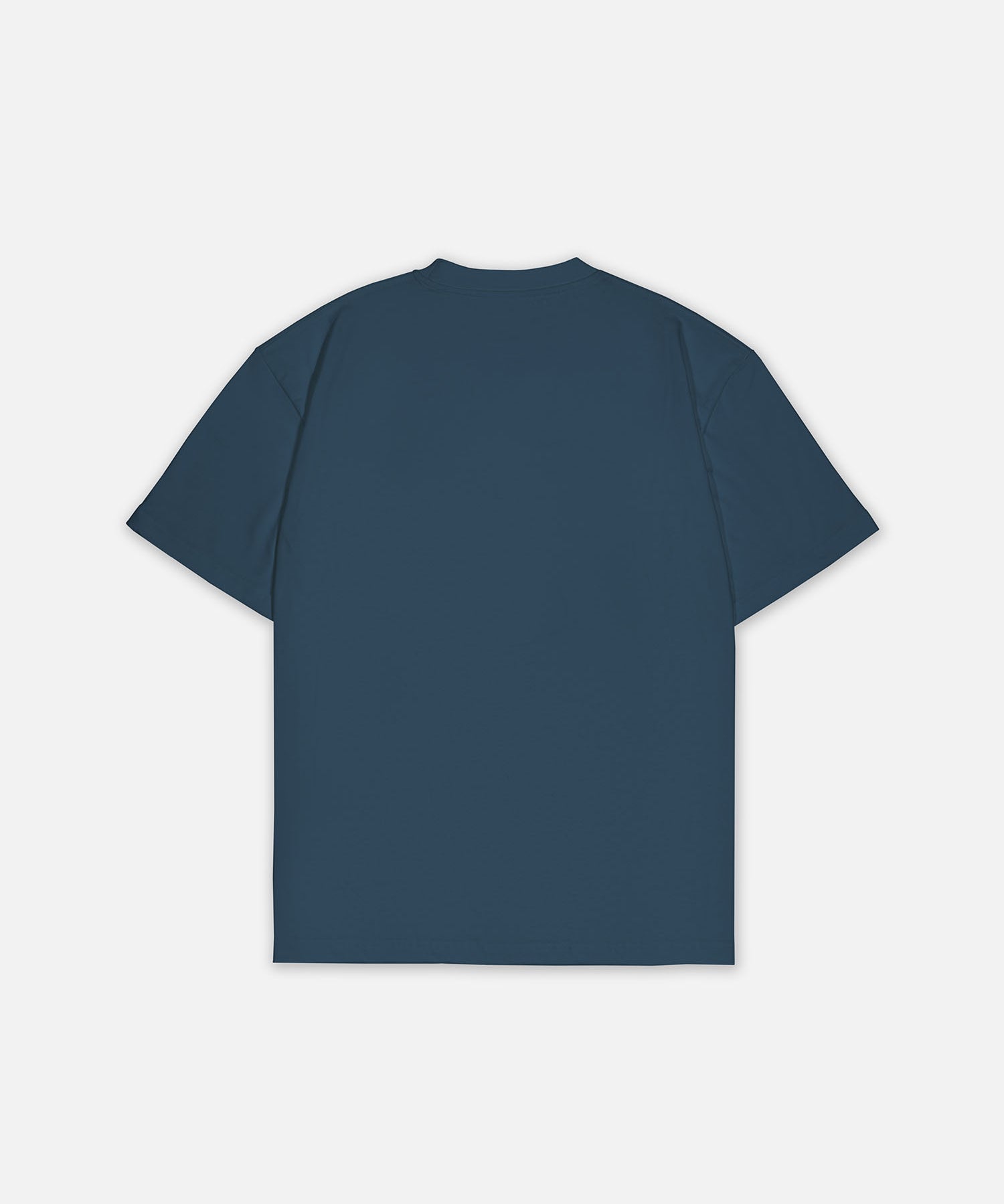 T-Shirt Ozeanblau mit kleinem weißem Logo, Rückansicht. Design A007.