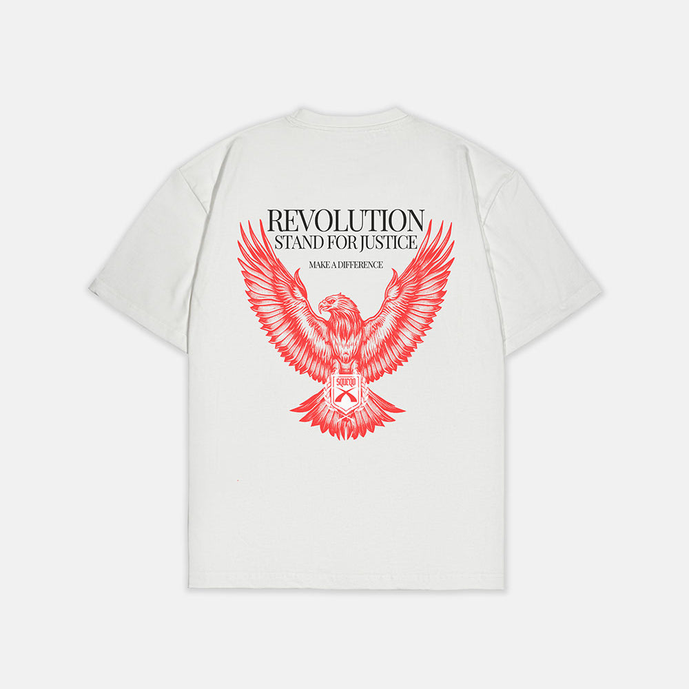 Weißes T-Shirt mit großem roten Adler-Print und Revolution-Motiv auf der Rückseite, SQUEQO.