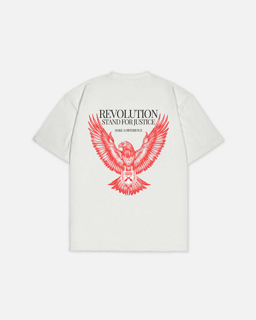 Weißes T-Shirt mit großem roten Adler-Print und Revolution-Motiv auf der Rückseite, SQUEQO.