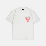 Weißes T-Shirt mit kleinem roten Adler-Print auf der Brust und Revolution-Motiv, SQUEQO.